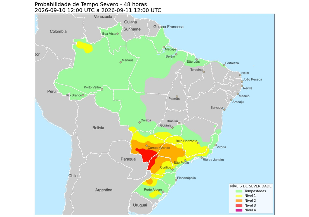 Probabilidade de tempo severo para sexta-feira (11), segundo o CPTEC/INPE. Nível 3 corresponde a ‘muitas tempestades severas organizadas, algumas significativas’. Créditos: CPTEC/INPE. Probabilidade de tempo severo para sexta-feira (11), segundo o CPTEC/INPE. Nível 3 corresponde a ‘muitas tempestades severas organizadas, algumas significativas’. Créditos: CPTEC/INPE.