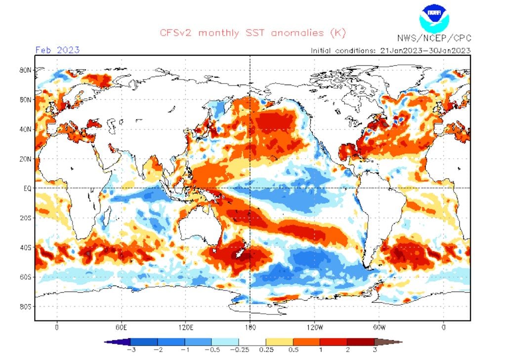 Mapa de previsão de anomalia da temperatura da superfície dos oceanos para o mês de fevereiro.