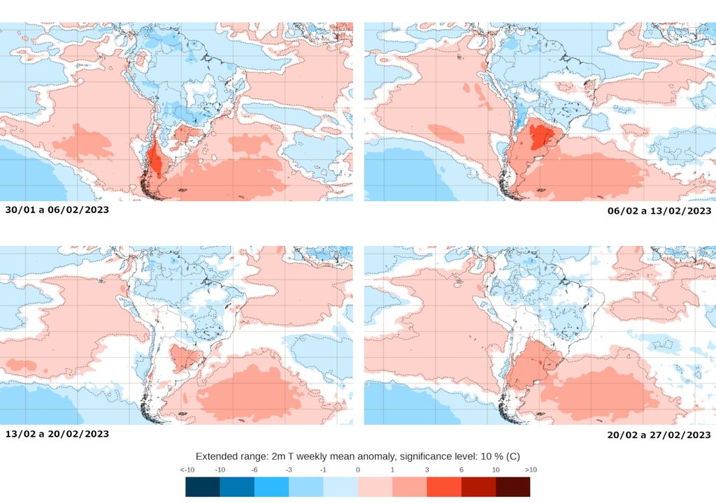 Mapas de previsão semanal de anomalia de temperatura do modelo ECMWF para Fevereiro.