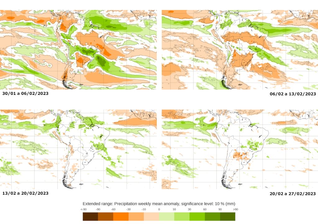 Mapas de previsão semanal de anomalia de precipitação do modelo ECMWF para Fevereiro.