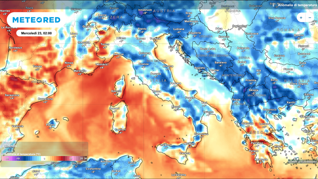 Mappa relativa alle anomalie di temperatura previste mercoledì notte