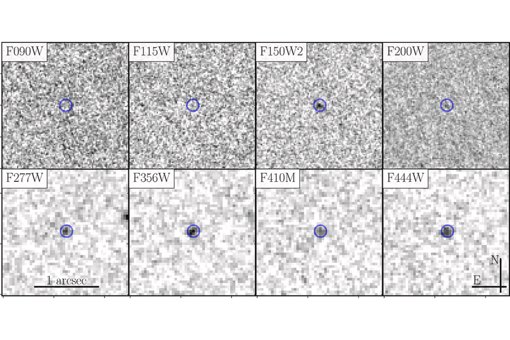 A observação da supernova coincide com o local da emissão chamada de GRB 250314A e foi observada com a câmera de infravermelho próximo do James Webb. Crédito: Levan et al. 2025