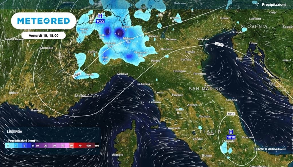 Pioggia prevista per le ore 19 di venerdì 19 - ECMWF Meteored