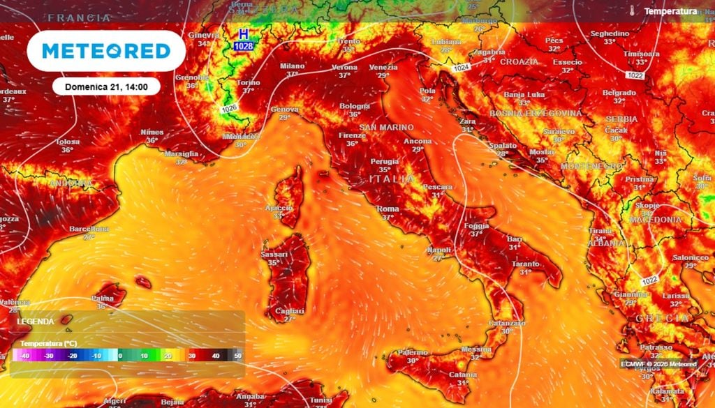 Temperature previste alle ore 14 di domenica 21 giugno - ECMWF Meteored