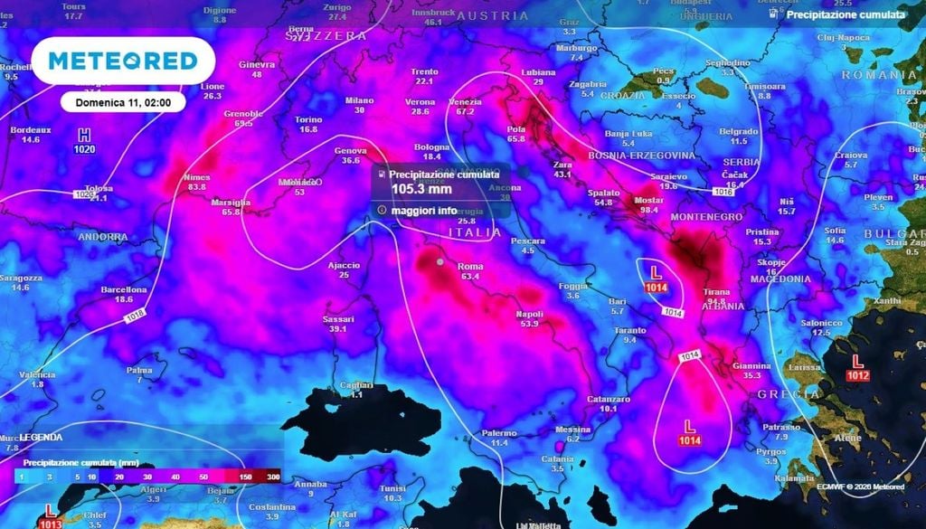 Piogge. Nelle settimane successive, fino a metà mese, si prevedono diversi passaggi perturbati a ripetizione. Le precipitazioni più abbondanti sono attese al Nord, sulla Sardegna e lungo l’intero versante tirrenico, dalla Liguria alla Campania.