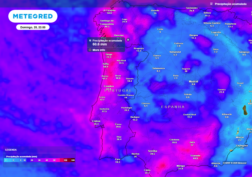 Previsão da chuva acumulada em Portugal continental até às 23:00 de domingo, 25 de janeiro.