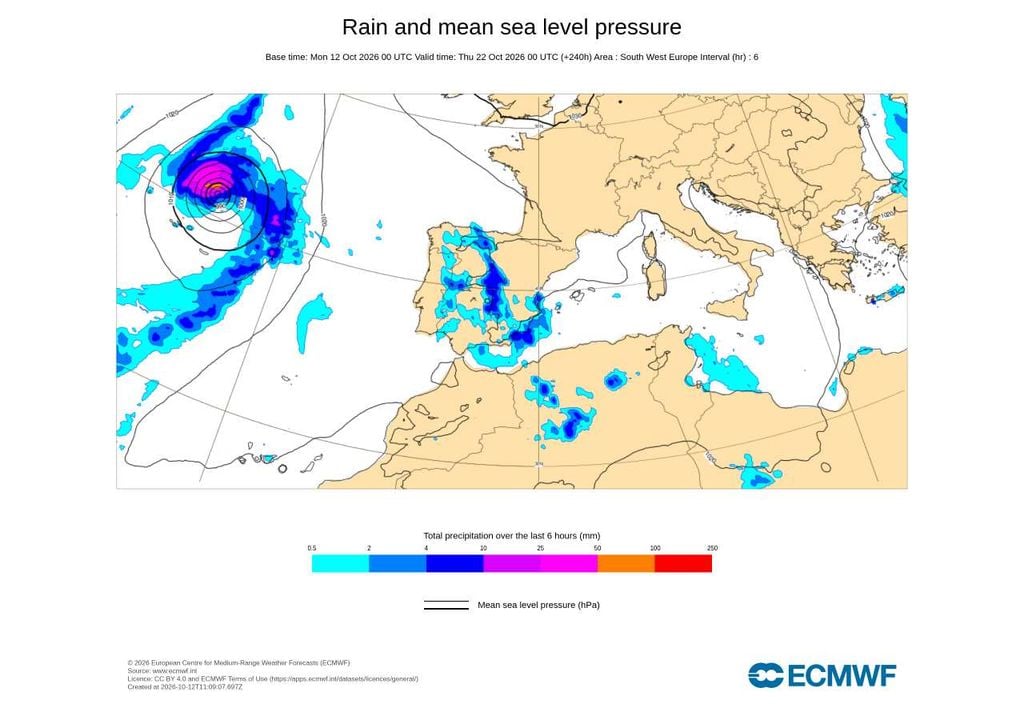 Mapa sinótico, pressão e chuva Uma nova e profunda depressão surge no Atlântico após o primeiro episódio de instabilidade, mas a sua trajetória e eventual influência em Portugal permanecem incertas.