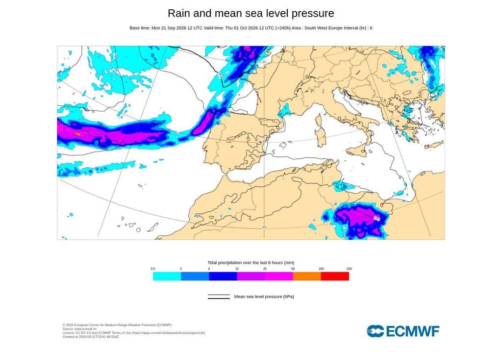 No início de outubro, o ECMWF sugere a aproximação de uma frente atlântica mais organizada pelo noroeste da Península. A distância temporal exige, contudo, cautela quanto à sua trajetória e intensidade.