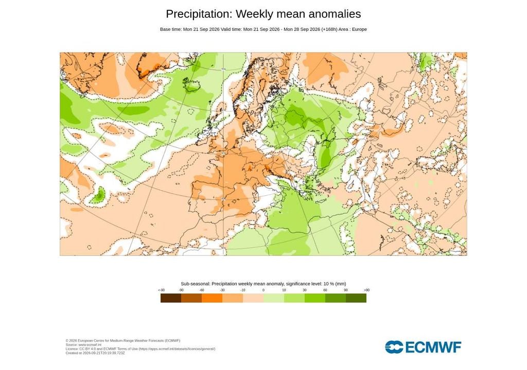 A semana de 21 a 28 de setembro deverá ser mais seca do que o normal em grande parte de Portugal. Segundo o ECMWF, o défice semanal de precipitação poderá aproximar-se dos 30 mm em algumas regiões.