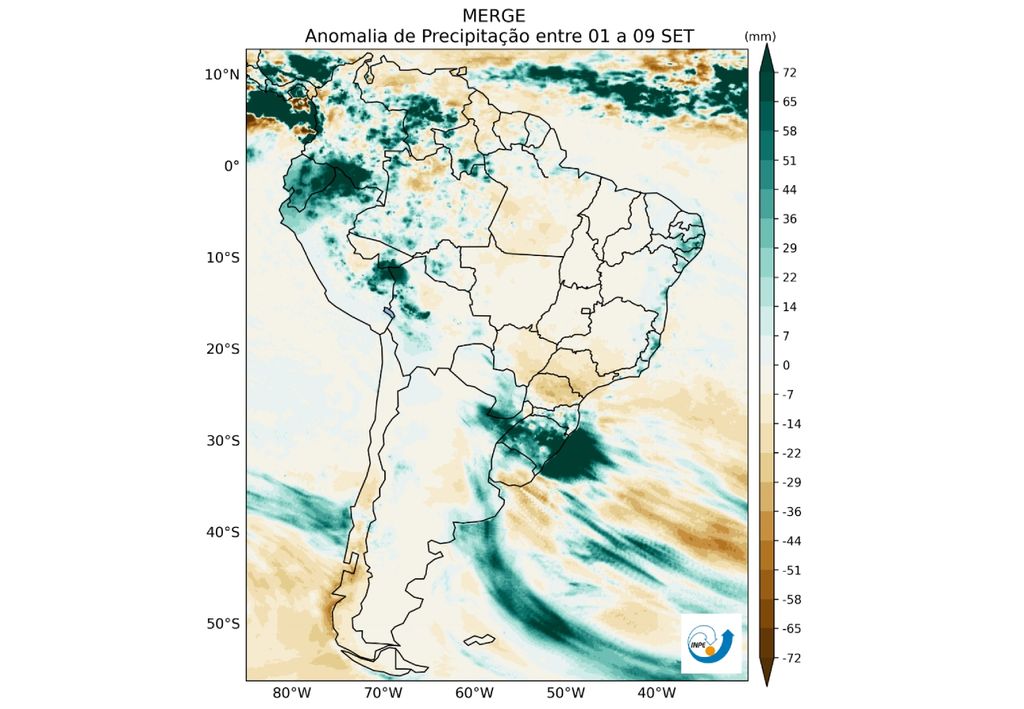 Anomalia de precipitação no Brasil entre 1 e 9 de setembro. Créditos: CPTEC/INPE.