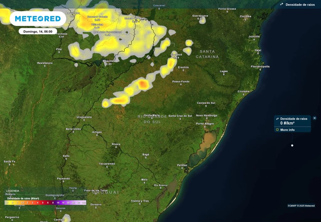 Previsão de tempestades neste domingo (14), de acordo com o ECMWF.