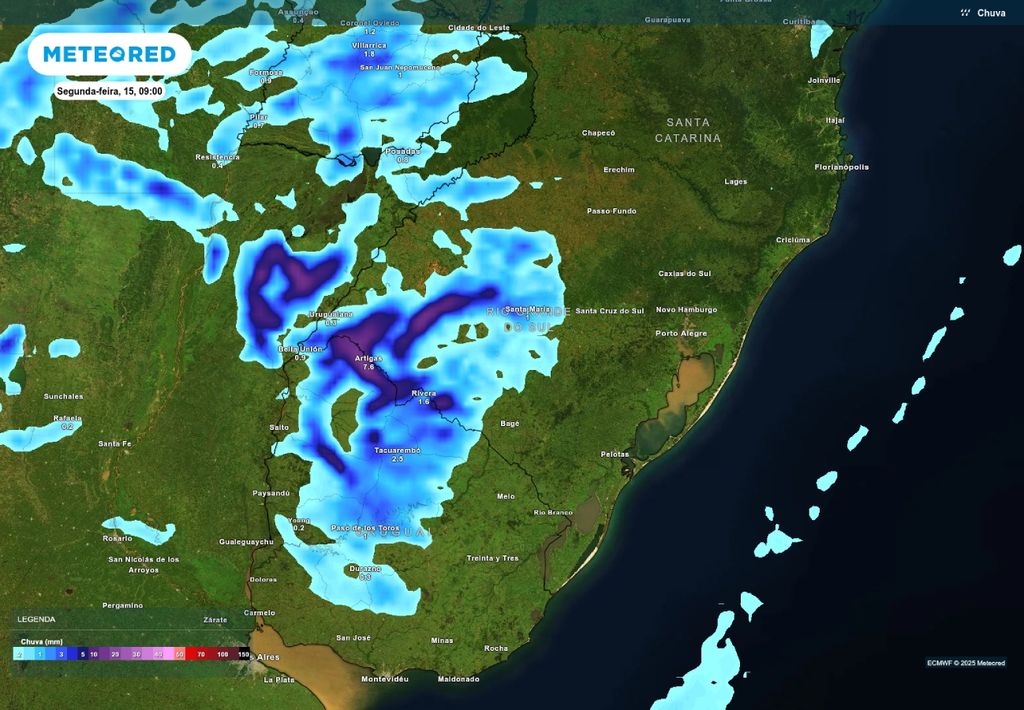 Previsão de chuva neste domingo (14), de acordo com o ECMWF.