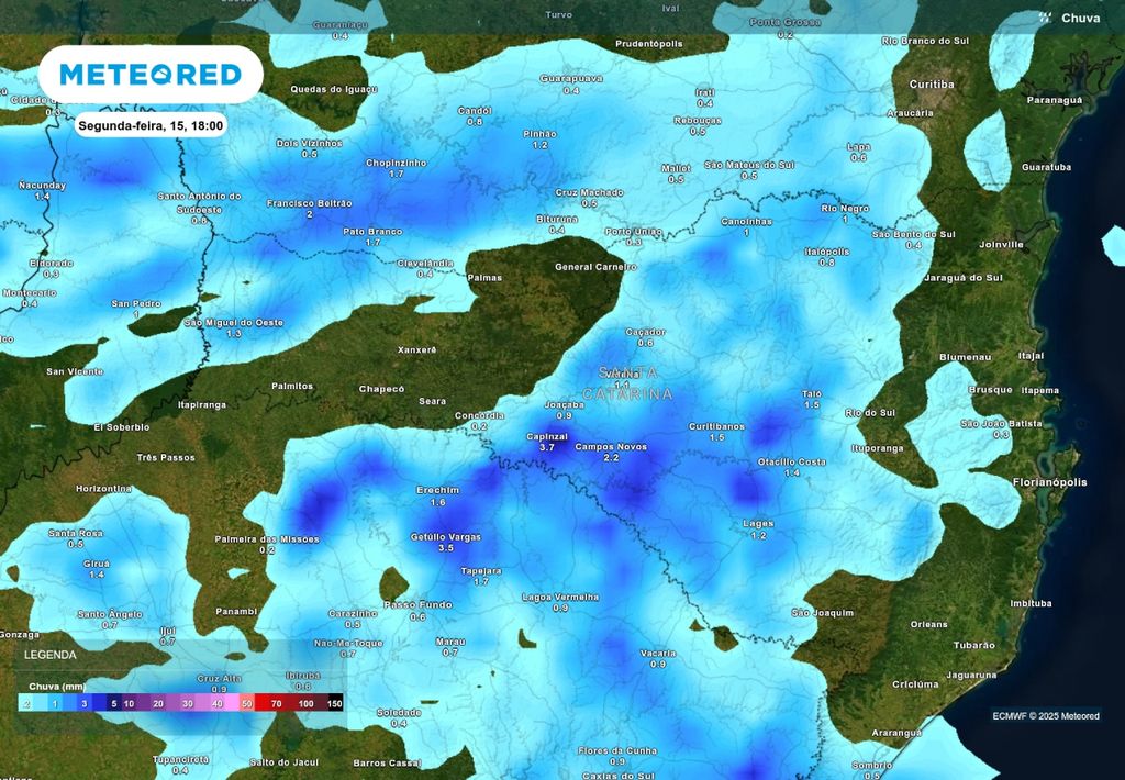 Previsão de chuva nesta segunda-feira (15), de acordo com o ECMWF.