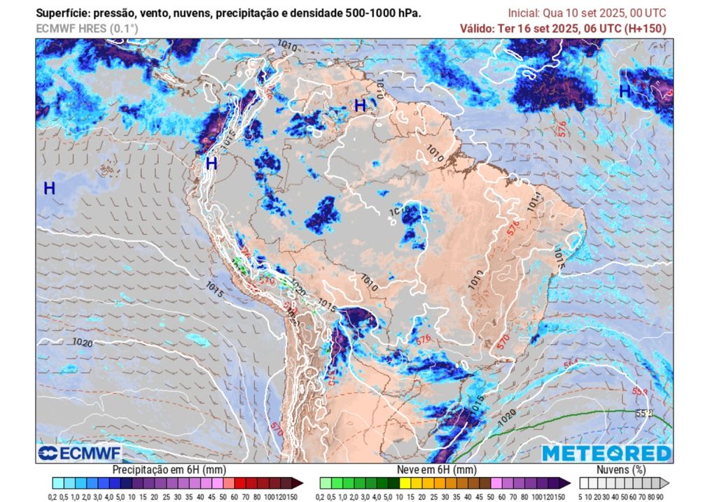 Previsão de chuva na terça-feira (16), de acordo com o ECMWF.