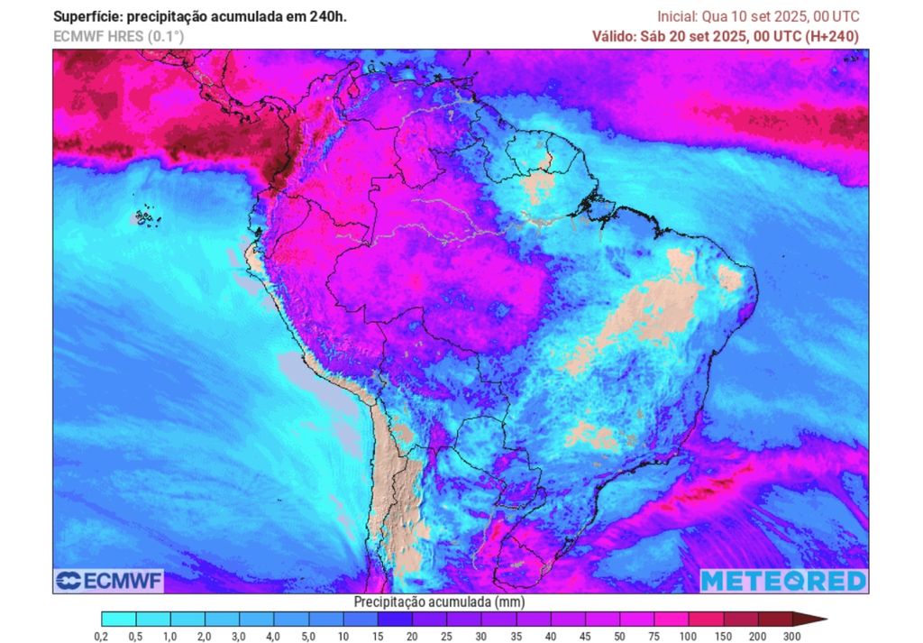 Previsão de chuva acumulada até sábado (20), de acordo com o ECMWF.
