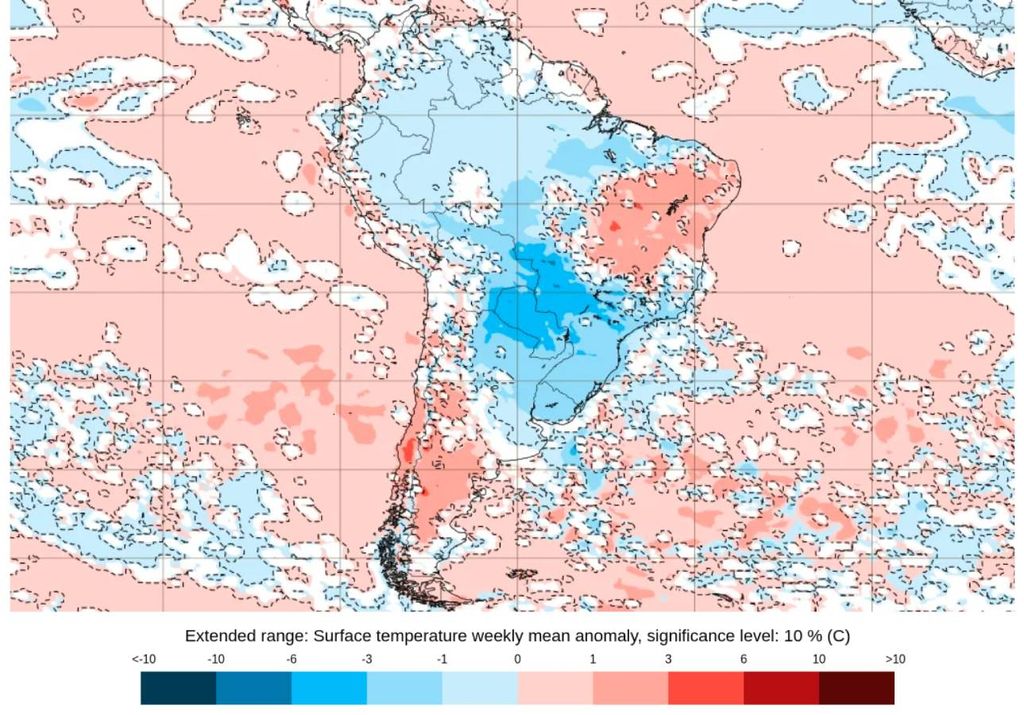Previsão de anomalia semanal de temperatura para os dias entre 11 e 18 de agosto. Créditos: ECMWF. Previsão de anomalia semanal de temperatura para os dias entre 11 e 18 de agosto. Créditos: ECMWF.