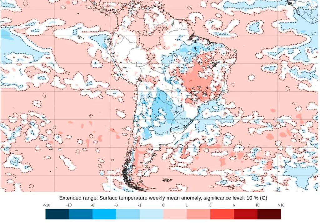 Previsão de anomalia semanal de temperatura para os dias entre 18 e 25 de agosto. Créditos: ECMWF Previsão de anomalia semanal de temperatura para os dias entre 18 e 25 de agosto. Créditos: ECMWF