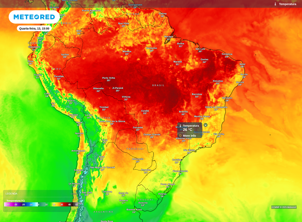 Previsão de temperatura máxima para quarta-feira (13), de acordo com o ECMWF. Previsão de temperatura máxima para quarta-feira (13), de acordo com o ECMWF.