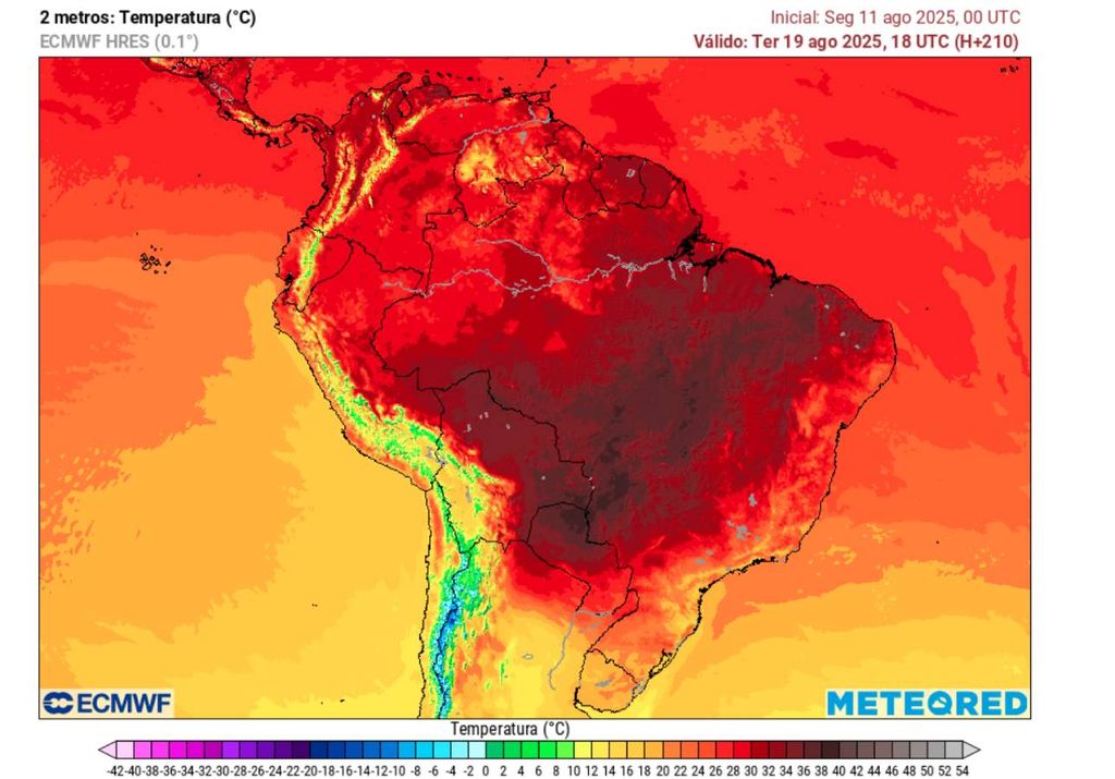 Previsão de temperatura máxima para terça-feira (19), de acordo com o ECMWF. Previsão de temperatura máxima para terça-feira (19), de acordo com o ECMWF.