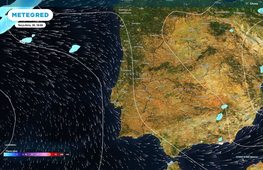 O ECMWF prevê precipitação muito localizada durante a tarde de terça-feira, com grande parte de Portugal continental sem chuva.