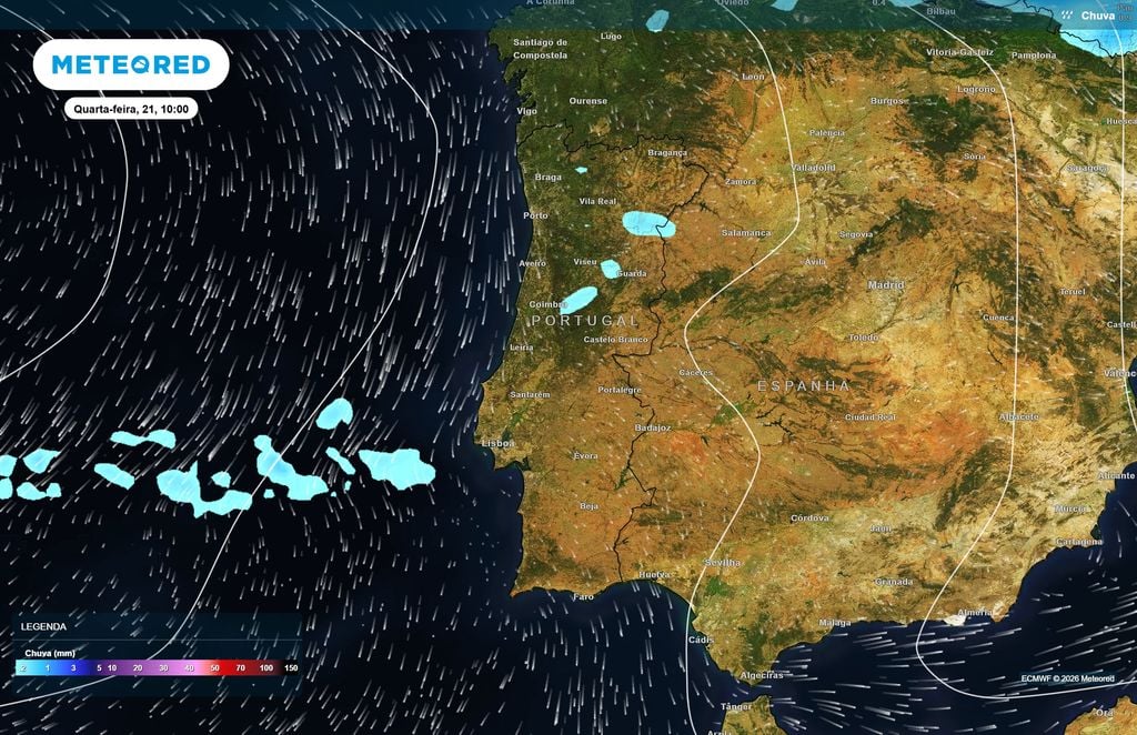 O modelo europeu identifica pequenas áreas de precipitação no Norte e Centro, enquanto outras regiões deverão permanecer sem chuva.
