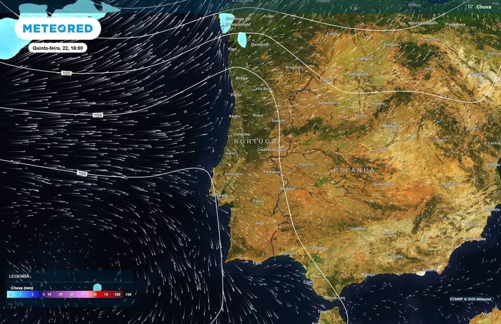 O ECMWF não prevê precipitação significativa sobre Portugal continental durante a tarde de quinta-feira, num contexto de pressão relativamente elevada.
