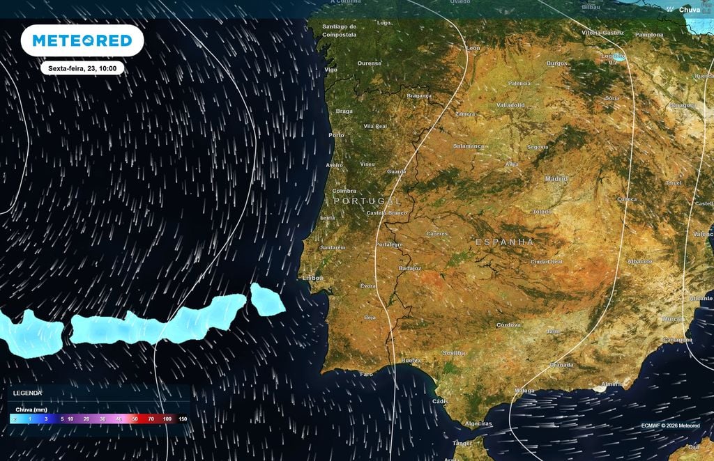Na manhã de sexta-feira, o ECMWF prevê núcleos de precipitação a sudoeste de Portugal continental, ainda sem expressão significativa em terra.