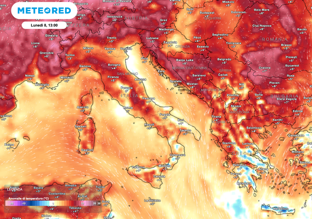Valori termici sopra la media, con anomalie fino a +5 °C su alcune regioni.