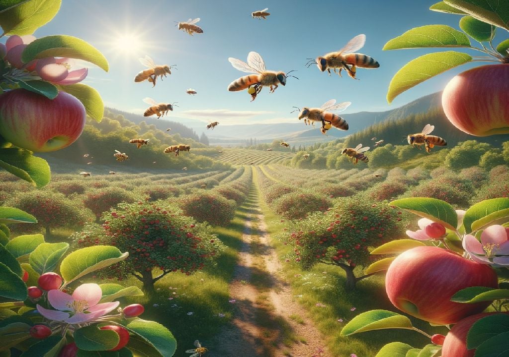 Abelhas sobrevoam um pomar de maçãs