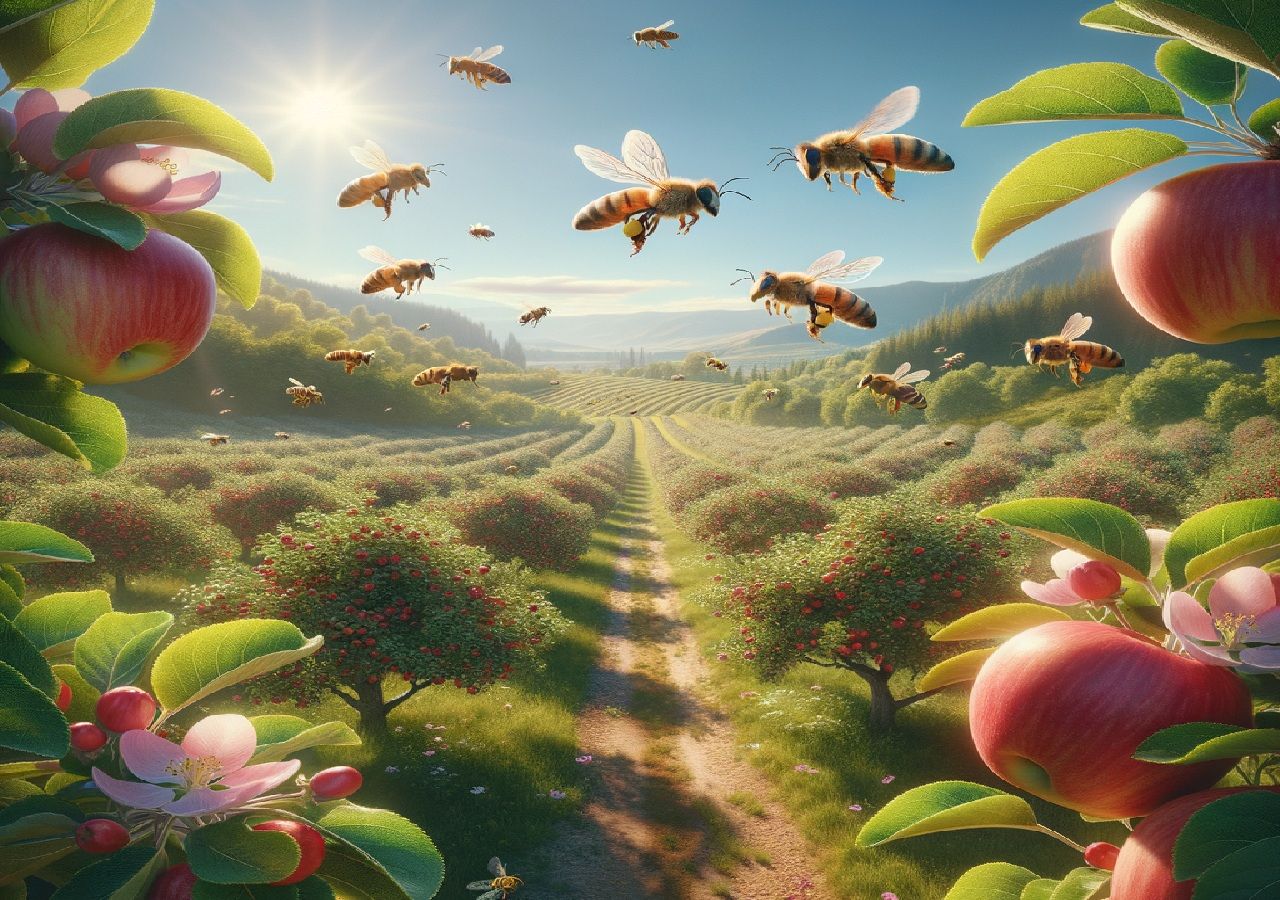 A maioria das culturas portuguesas está profundamente dependente da polinização de abelhas selvagens ou moscas-das-flores. Imagem gerada com IA: Copilot/Microsoft