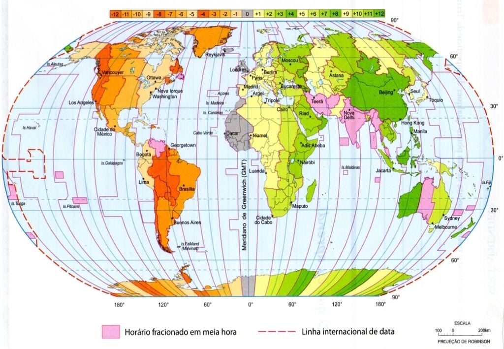 mapa mundi, fusos horários, meridianos