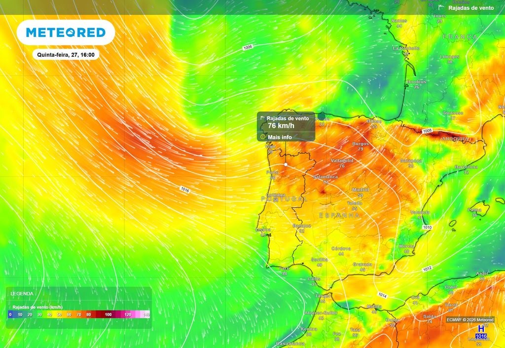 Ainda muito sujeita a ajustes devido à distância temporal (aproximadamente 5 dias), a previsão atualmente disponível indica a possibilidade das rajadas de vento localmente mais fortes atingirem velocidades em torno dos 75 km/h.