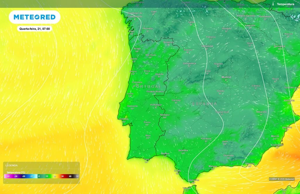 Interior Norte e Centro entre as regiões mais frescas na manhã de quarta-feira O ECMWF prevê temperaturas próximas dos 9 ºC na Guarda e dos 10 ºC em Braga, enquanto Lisboa poderá registar cerca de 16 ºC às 7h de quarta-feira.