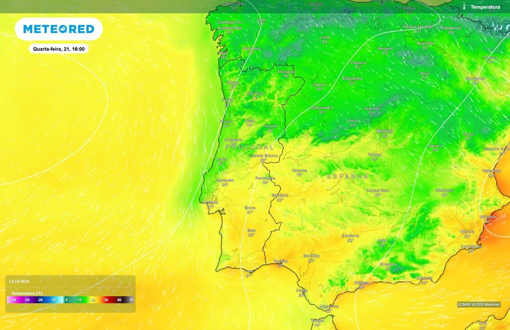 Temperaturas sobem durante a tarde de quarta-feira, sobretudo no Centro e Sul O modelo europeu prevê temperaturas próximas dos 21 ºC em Lisboa e Évora e dos 22 ºC em Beja, enquanto a Guarda poderá apresentar cerca de 14 ºC às 16h.