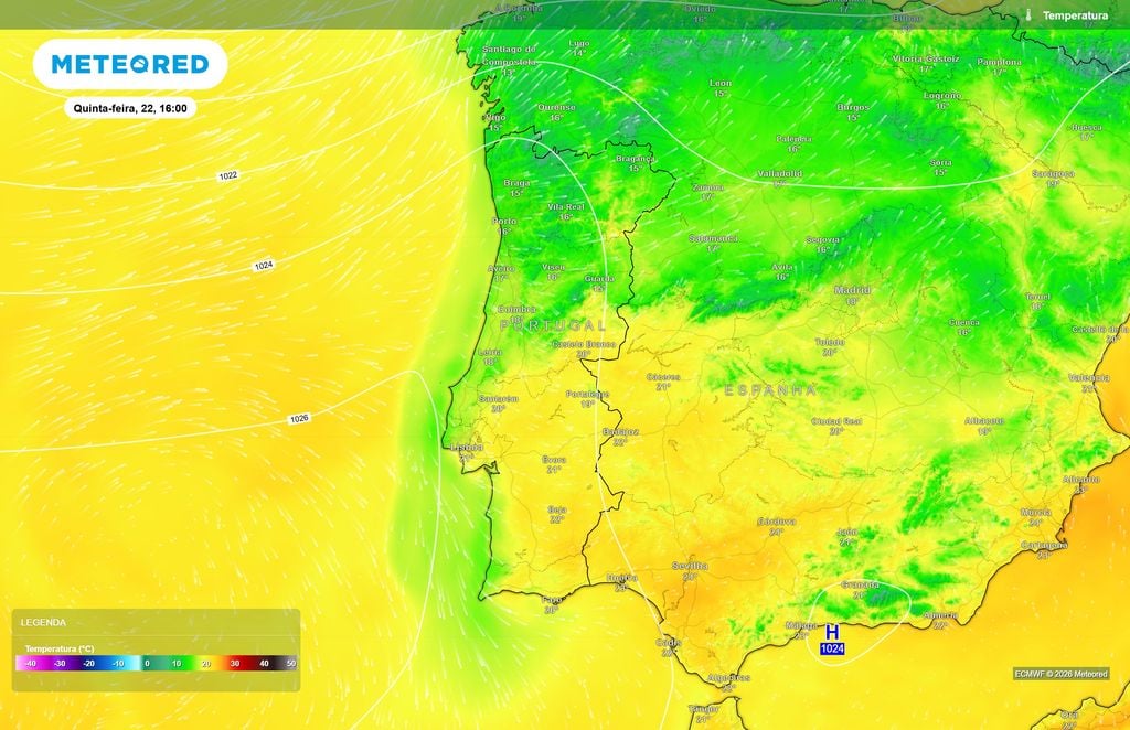 Tarde de quinta-feira poderá trazer temperaturas acima dos 20 ºC no Sul O ECMWF prevê uma subida das temperaturas durante a tarde de quinta-feira, com cerca de 21 ºC em Lisboa e Évora e 22 ºC em Beja, contrastando com os valores da manhã.