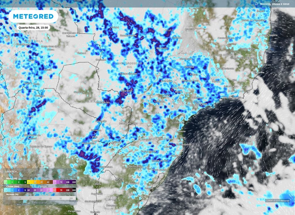 Previsão de chuvas para o centro-sul do Brasil na tarde desta quarta-feira (28).