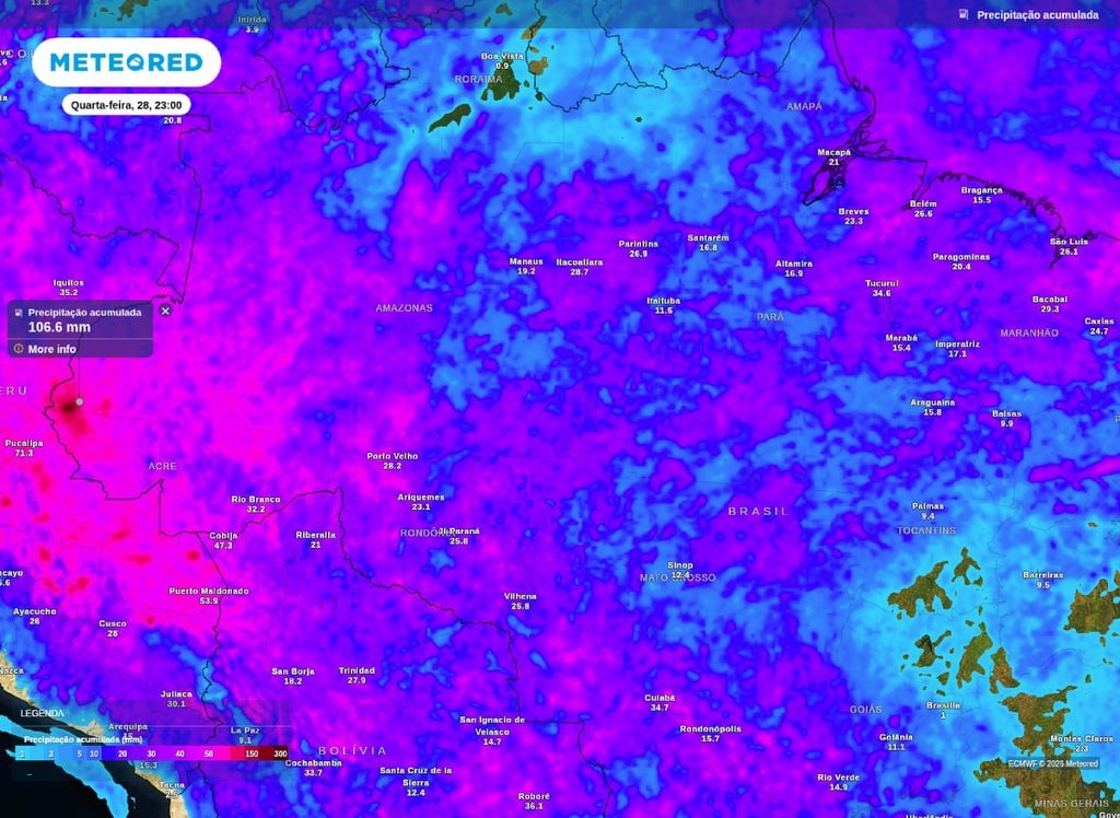 Chuva acumulada até o final da noite de quarta-feira (28)