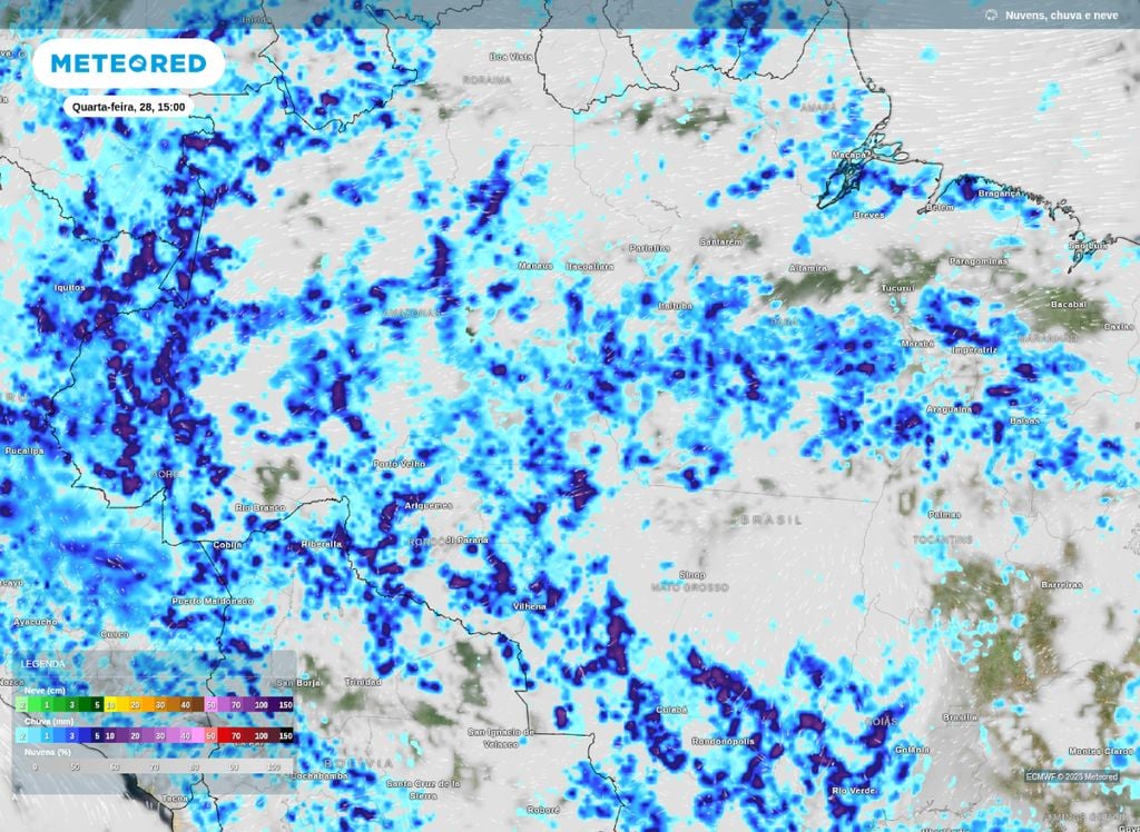 Previsão de chuvas para o centro-norte do Brasil na tarde desta quarta-feira (28).