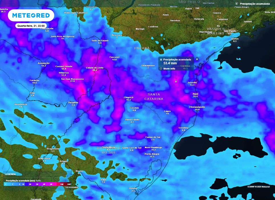 Mapa de precipitação acumulada entre terça (20) e quarta-feira (21). Mapa de precipitação acumulada entre terça (20) e quarta-feira (21).