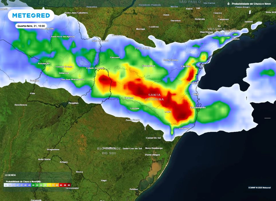 Mapa de probabilidade de precipitação para a tarde de quarta-feira (21), segundo o modelo ECMWF. Mapa de probabilidade de precipitação para a tarde de quarta-feira (21), segundo o modelo ECMWF.