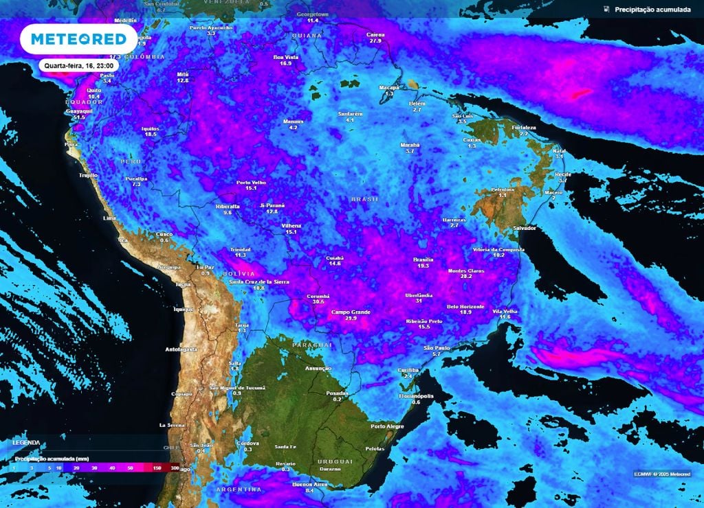 Mapa de precipitação acumulada para esta quarta-feira (16), segundo o modelo ECMWF. Mapa de precipitação acumulada para esta quarta-feira (16), segundo o modelo ECMWF.