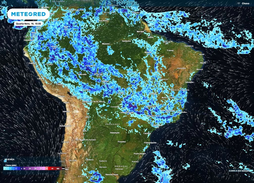 Mapa de precipitação prevista para a tarde de quarta-feira (16), segundo o modelo ECMWF. Mapa de precipitação prevista para a tarde de quarta-feira (16), segundo o modelo ECMWF.
