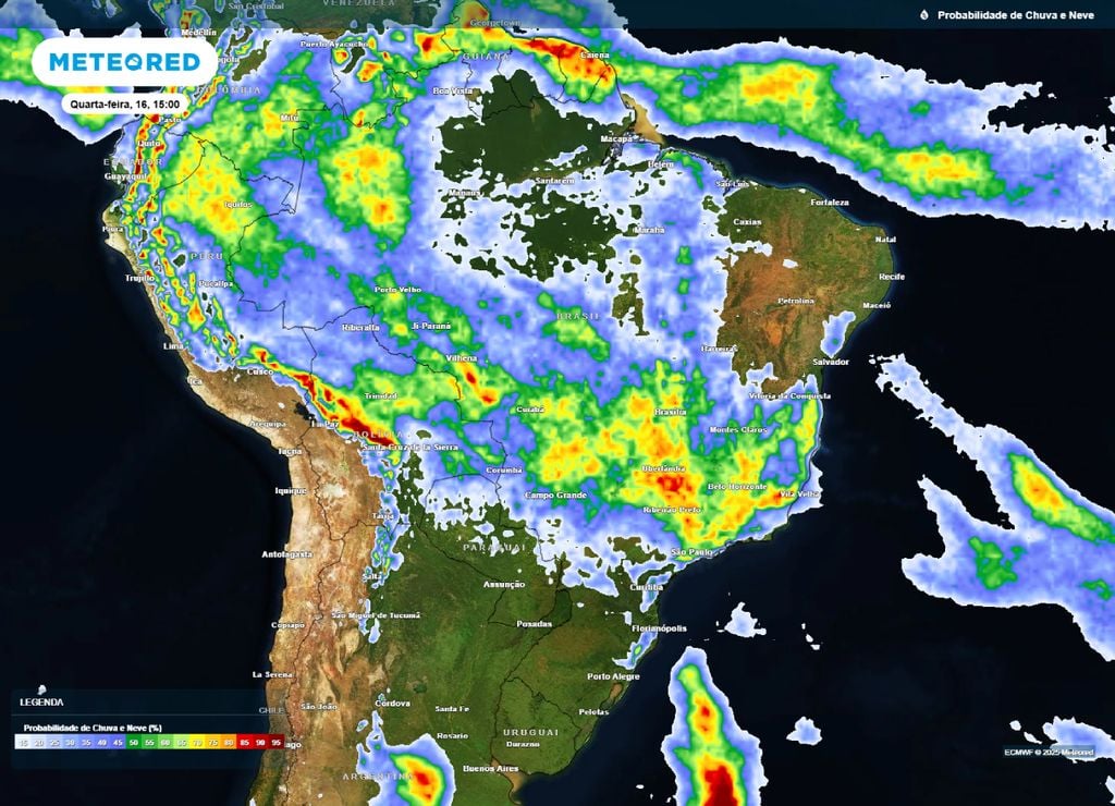Mapa de probabilidade de precipitação para a tarde de quarta-feira (16), segundo o modelo ECMWF. Mapa de probabilidade de precipitação para a tarde de quarta-feira (16), segundo o modelo ECMWF.