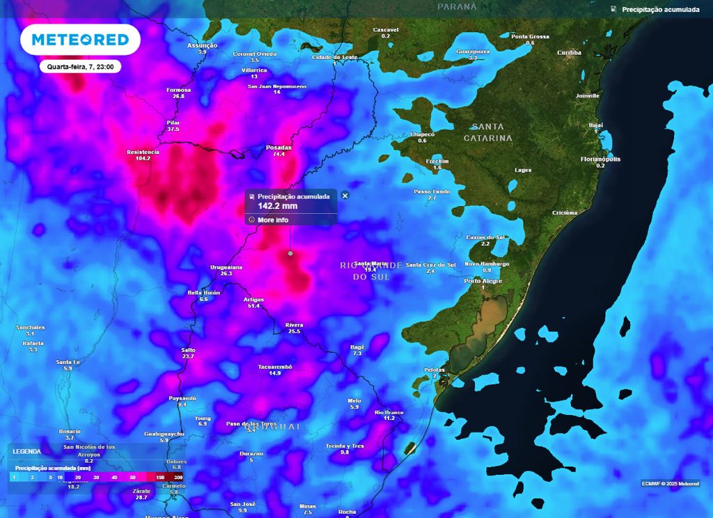 Mapa de precipitação acumulada entre terça (06) e quarta-feira (07).
