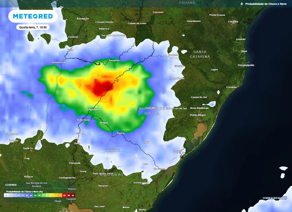 Mapa de probabilidade de precipitação para a tarde de quarta-feira (07), segundo o modelo ECMWF.