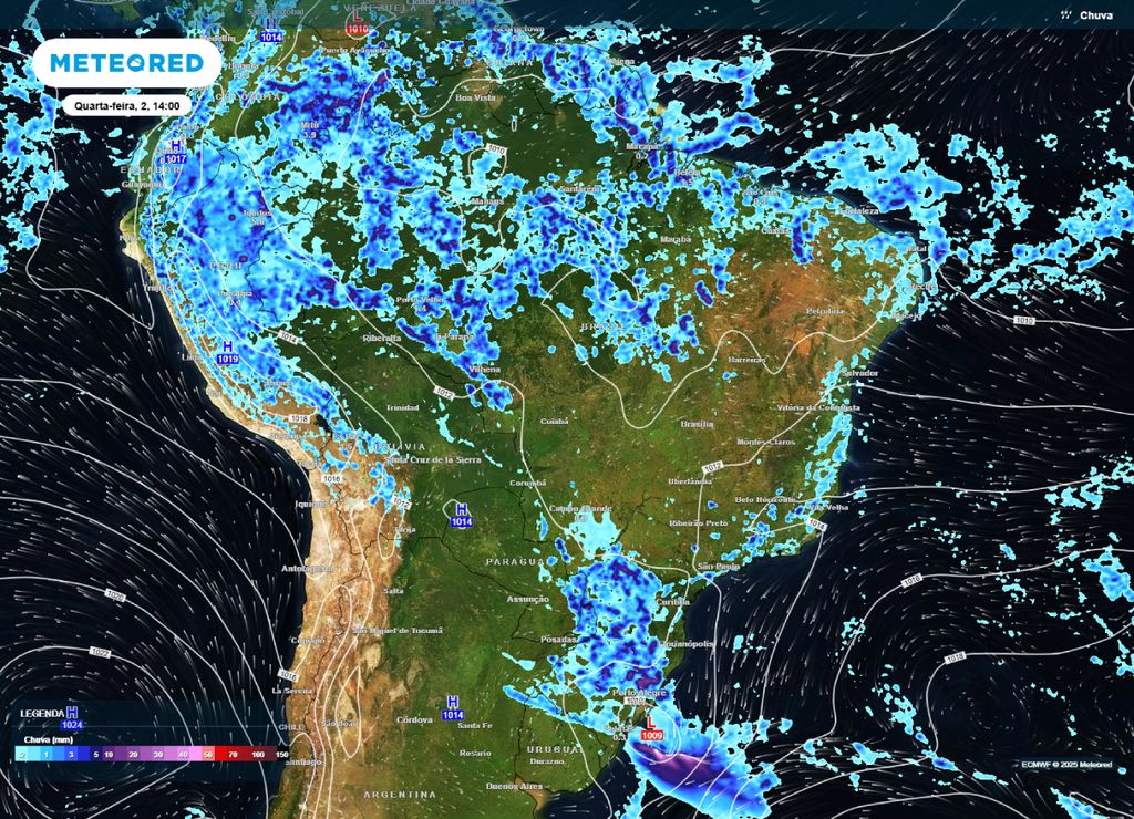 Mapa de linhas de pressão e a previsão de chuva para a tarde desta quarta-feira (02), segundo o ECMWF.