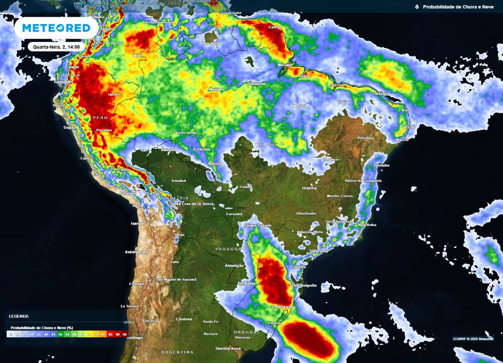 Mapa de probabilidade de precipitação para a tarde de quarta-feira (02), segundo o modelo ECMWF.