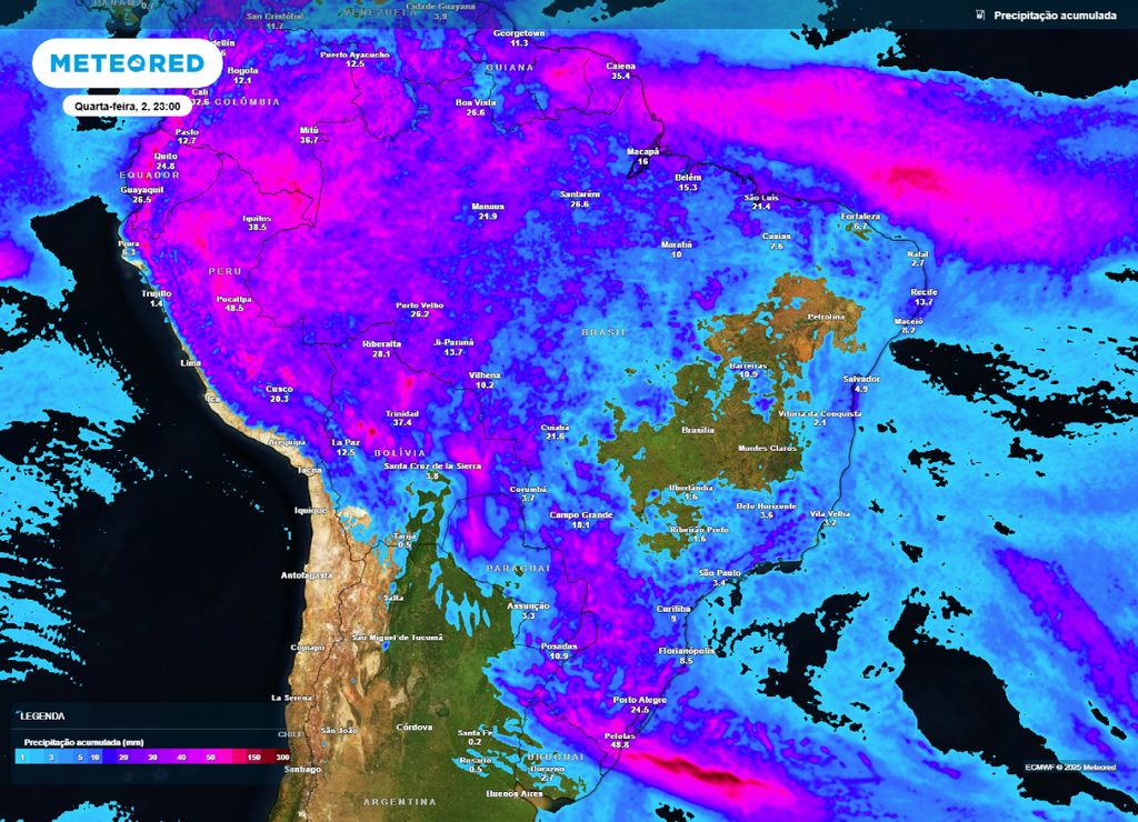 Mapa de precipitação acumulada entre terça (01) e quarta-feira (02).