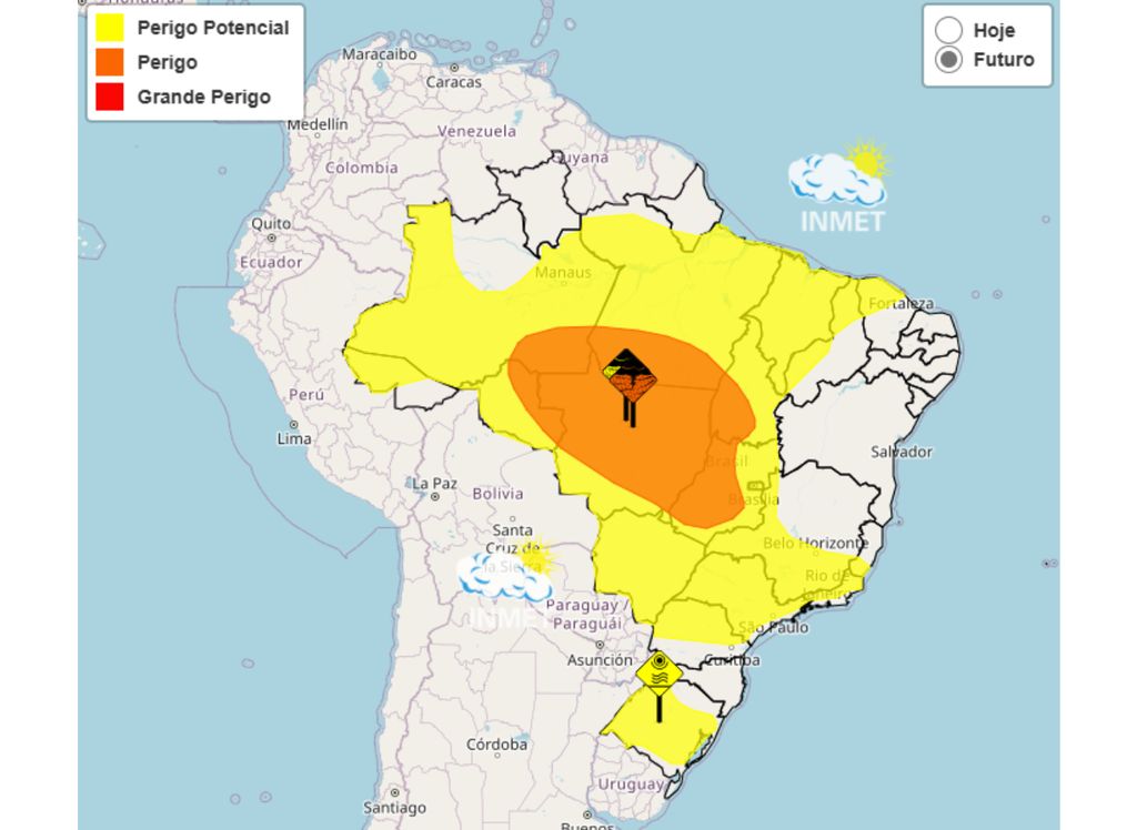 Alertas de chuva intensa e onda de calor emitidos pelo INMET.