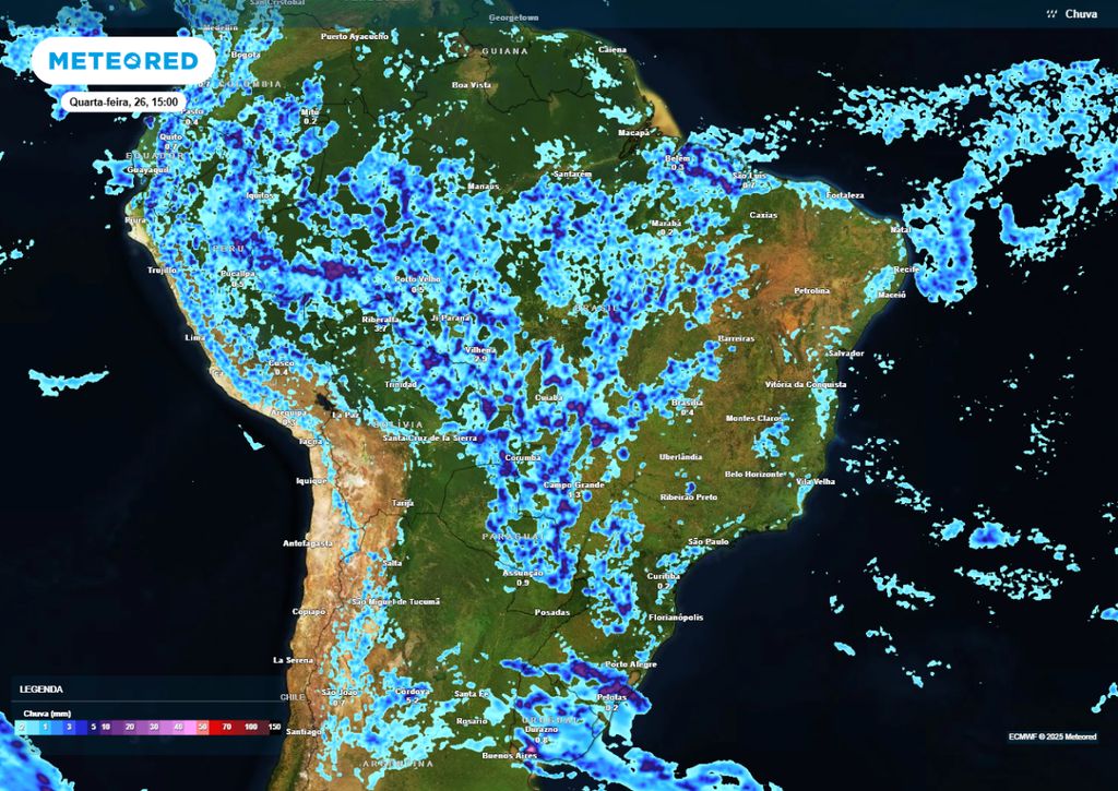 Previsão de precipitação para a tarde de quarta-feira (26), segundo o modelo ECMWF.